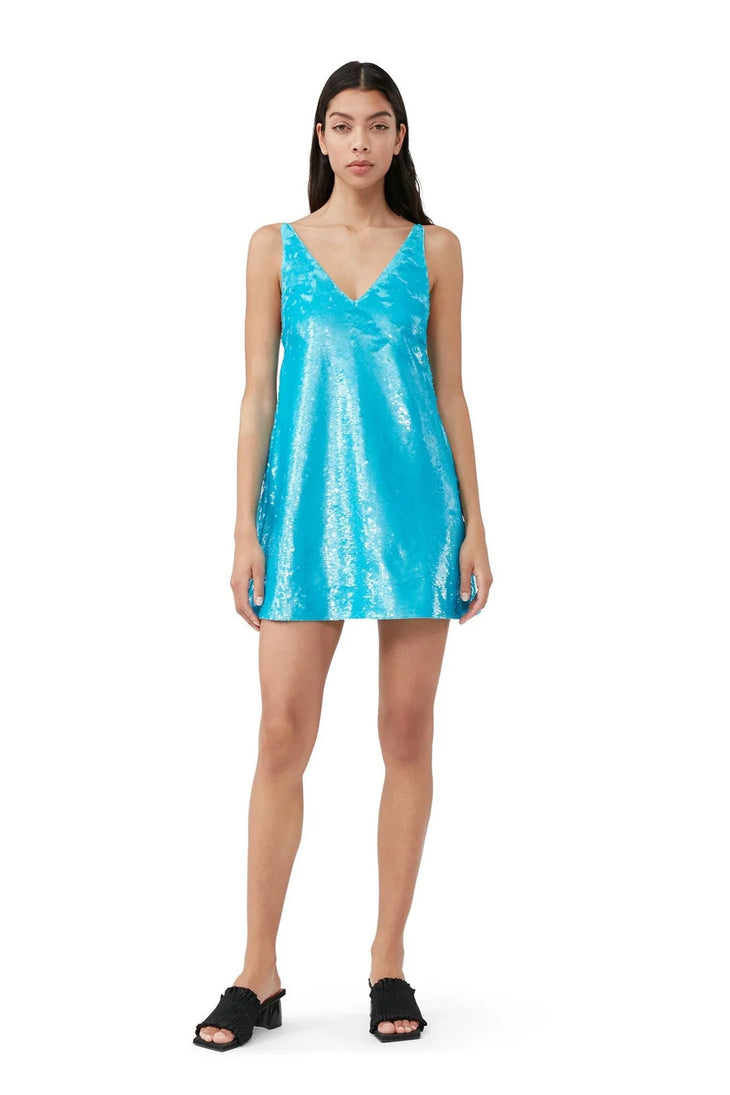 Bright blue sequined mini dress with V-neckline and sleeveless design — Ganni | Endless UAE