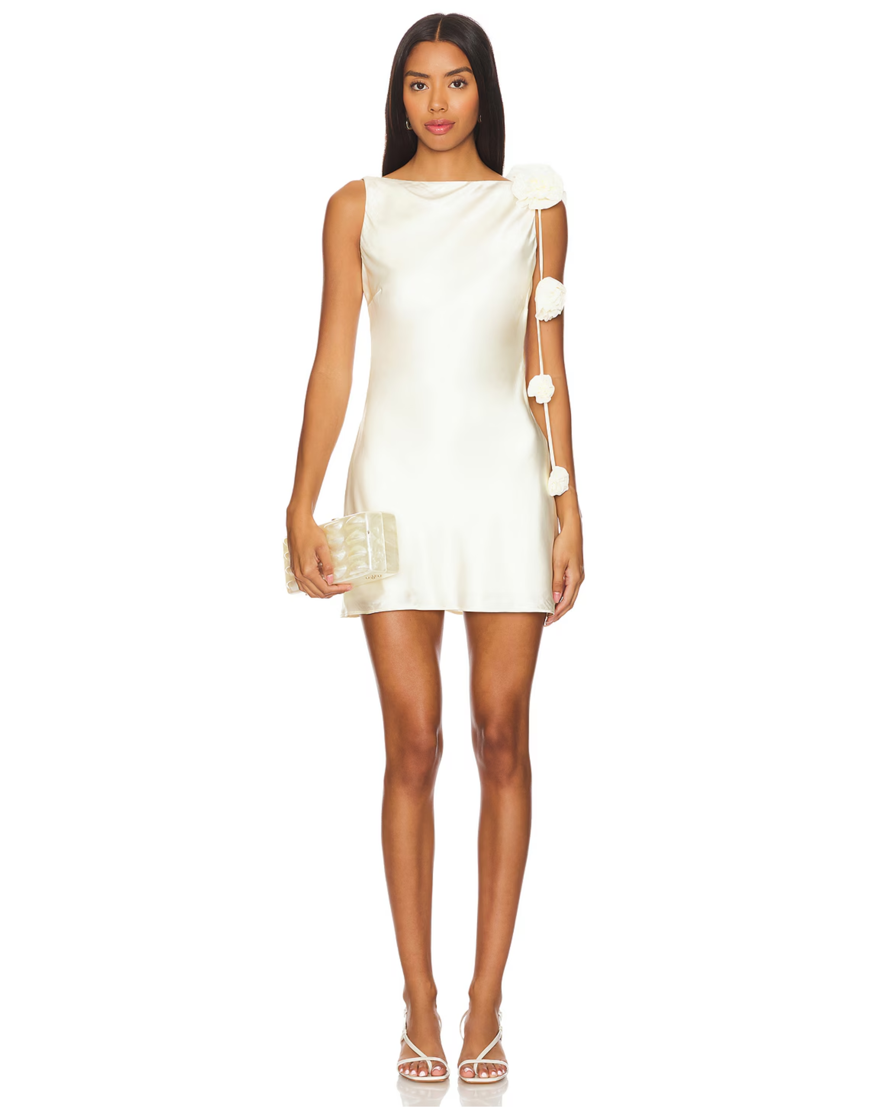Cream sleeveless mini dress with decorative flower details and matching clutch — Lovers & Friends | Endless UAE