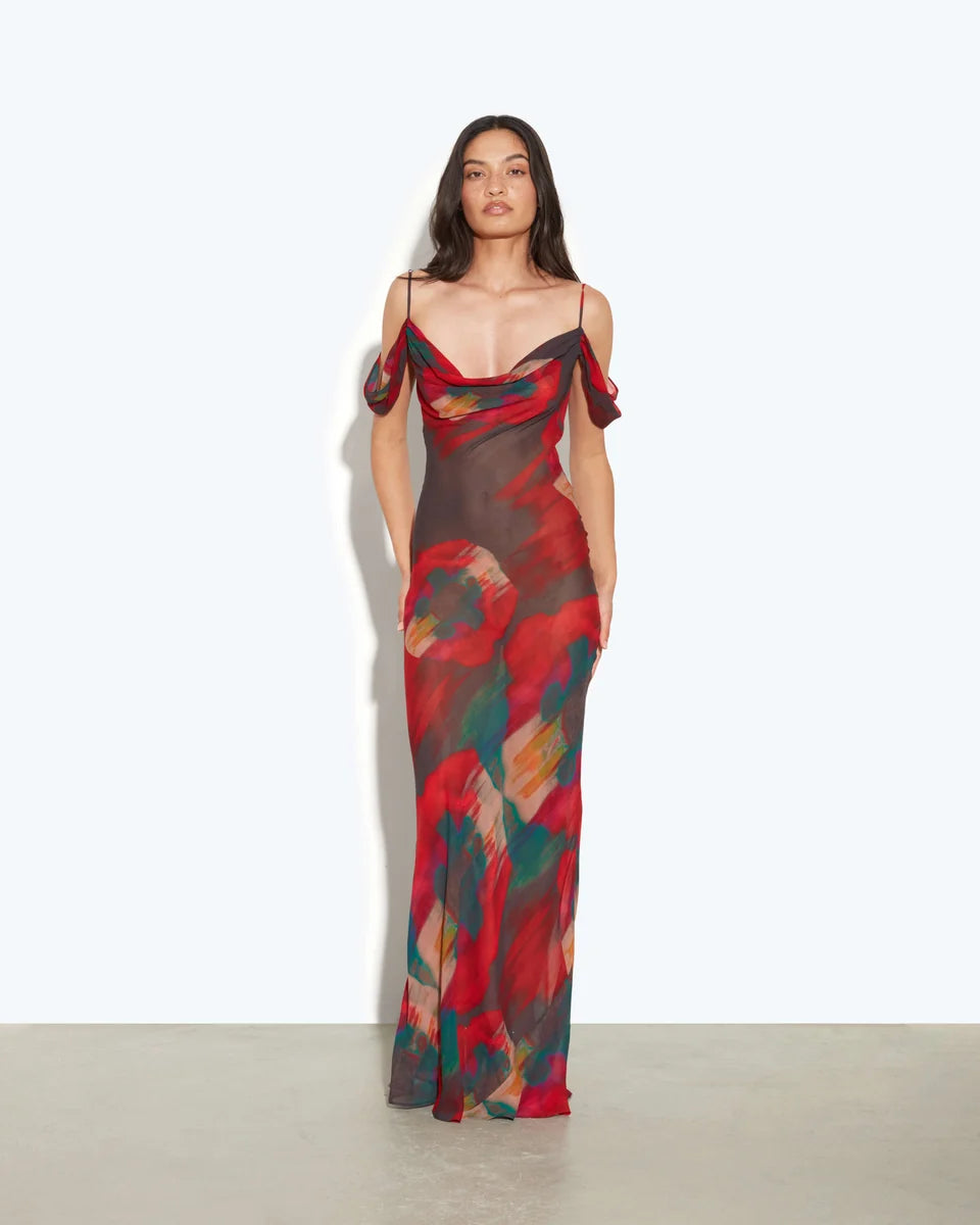 Adriana multicolored abstract print maxi dress with cold shoulder sleeves — Rat & Boa | Endless UAE