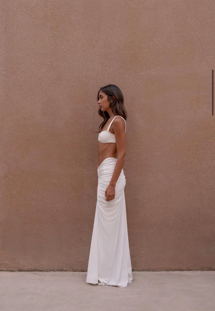 White ruched maxi skirt with matching crop top bikini set — Melissa Phair | Endless UAE