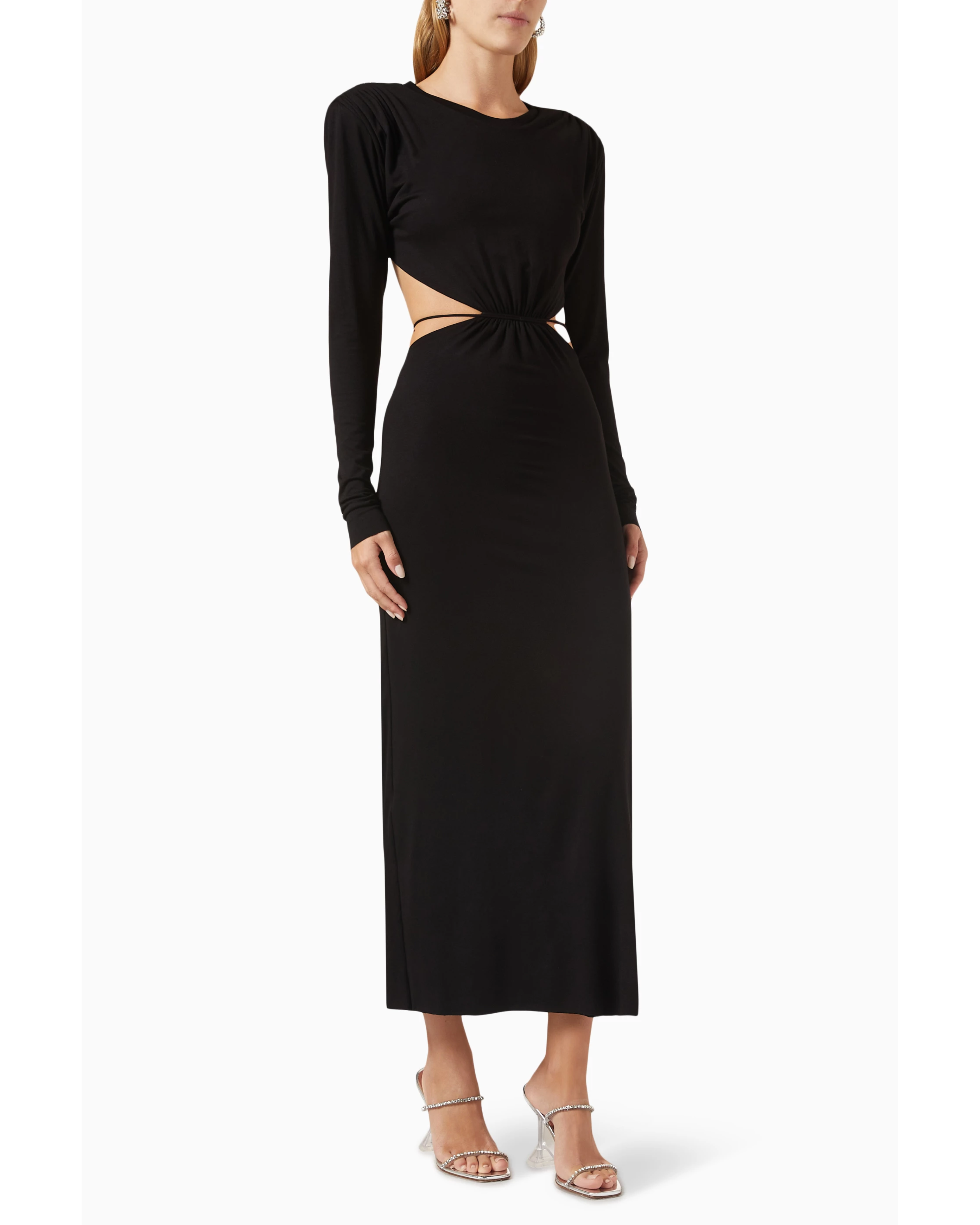 Black long-sleeve cutout midi dress with twisted waist detail — Manuri | Endless UAE