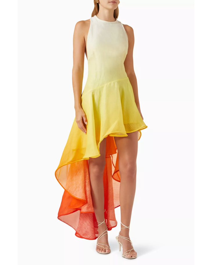 Woman wearing ombre sleeveless mini dress with asymmetrical waterfall hem in cream, yellow and orange — Zimmermann | Endless UAE