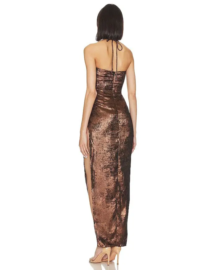 Bronze sequined halter maxi dress with side slit and draped detailing — Rumer | Endless UAE