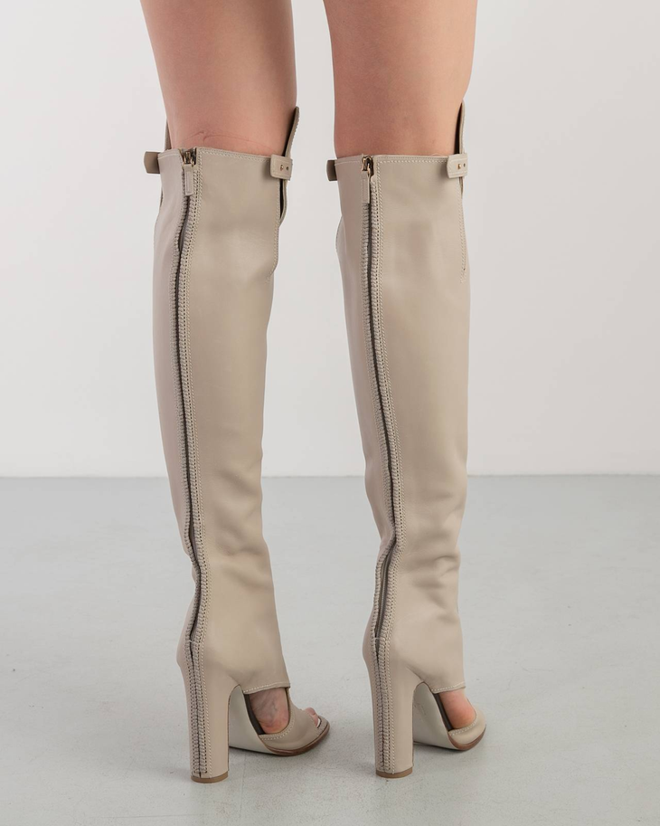 Cream open-toe cutout knee-high boots with block heel and decorative buckle detail — Salvatore Ferragamo | Endless UAE