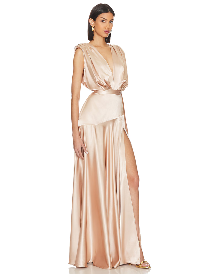 Champagne satin gown with twisted bodice and high slit skirt — Bronx & Banco | Endless UAE