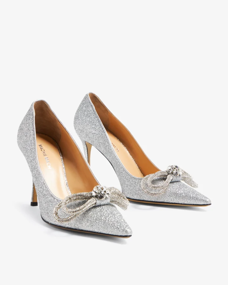 Silver glitter pointed-toe pump with crystal bow embellishment — Mach & Mach | Endless UAE