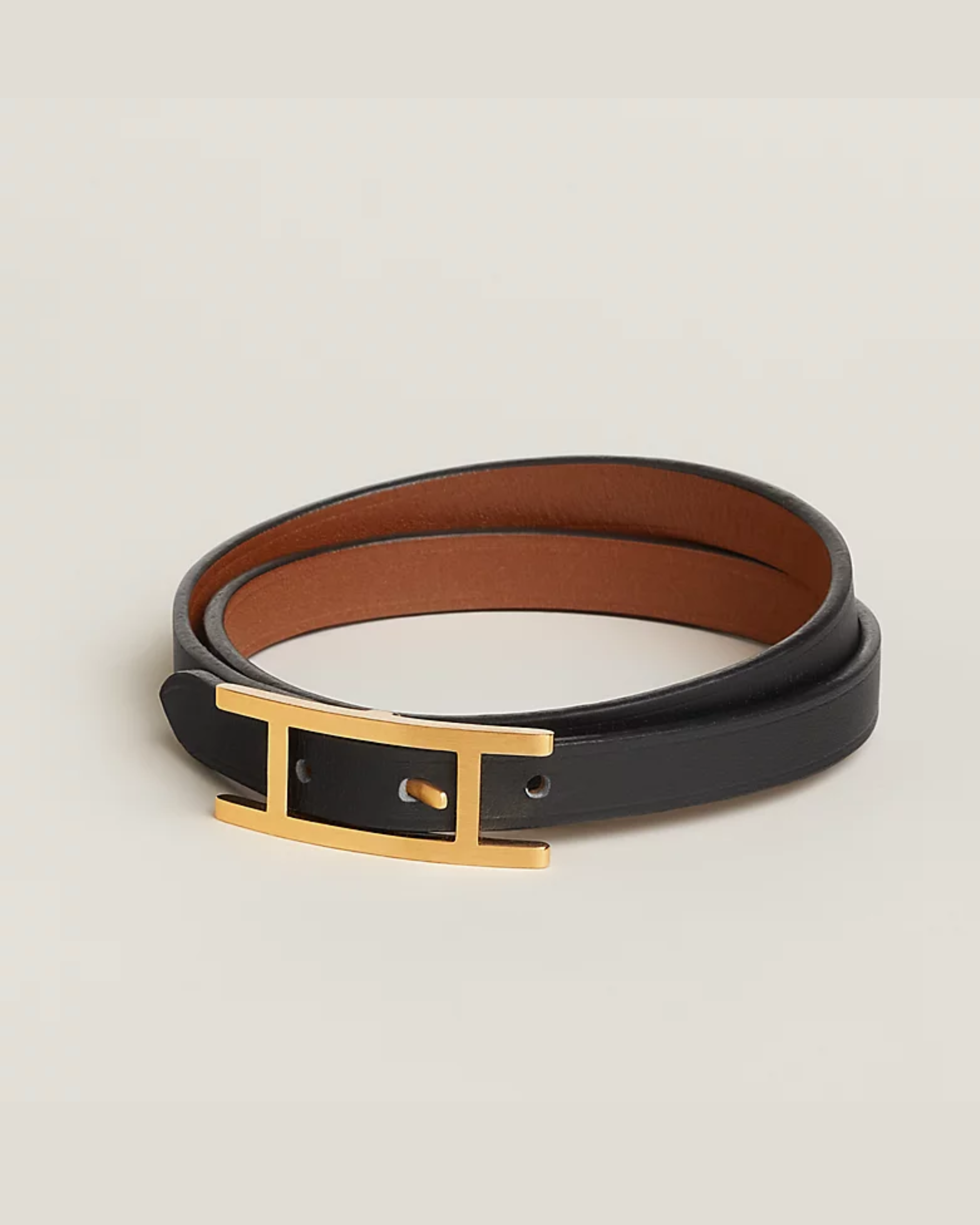 Black leather double tour bracelet with gold-tone buckle — Hermes | Endless UAE