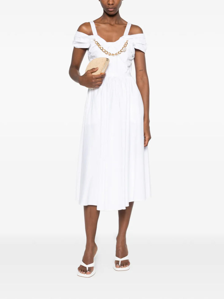 White stretch cotton dress with cold-shoulder sleeves and open back — Elisabetta Franchi | Endless UAE