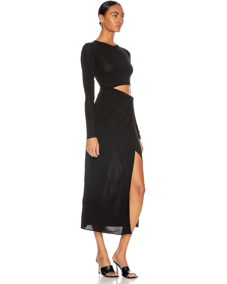 Black cut-out midi dress with long sleeves and high slit — The Andamane | Endless UAE