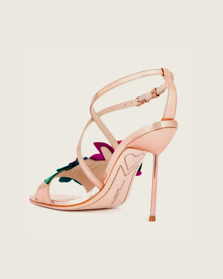 Rose gold leather sandal with colorful 3D floral appliqués and strappy design — Sophia webster | Endless UAE