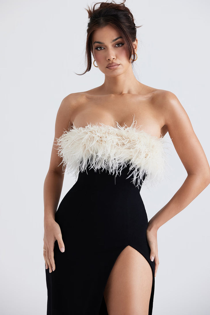Black strapless midi dress with cream feathered bodice and thigh-high slit — House of CB | Endless UAE