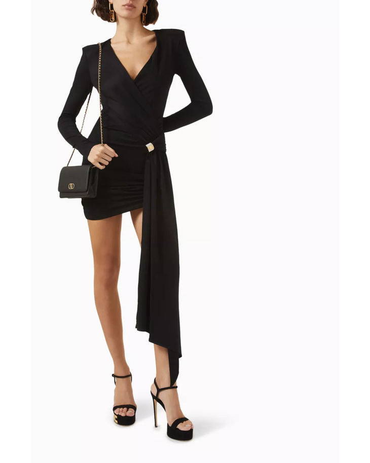 Black long-sleeve wrap mini dress with draped side detail — Elisabetta Franchi | Endless UAE