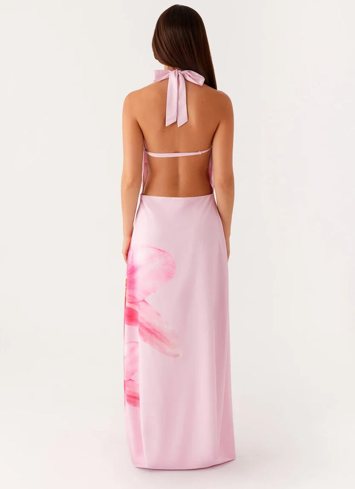 Pink cowl neck sleeveless maxi dress with floral print detail — Peppermayo | Endless UAE