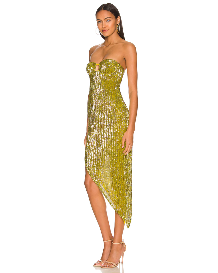Gold sequin strapless midi dress with asymmetrical hem — Camila Coelho | Endless UAE