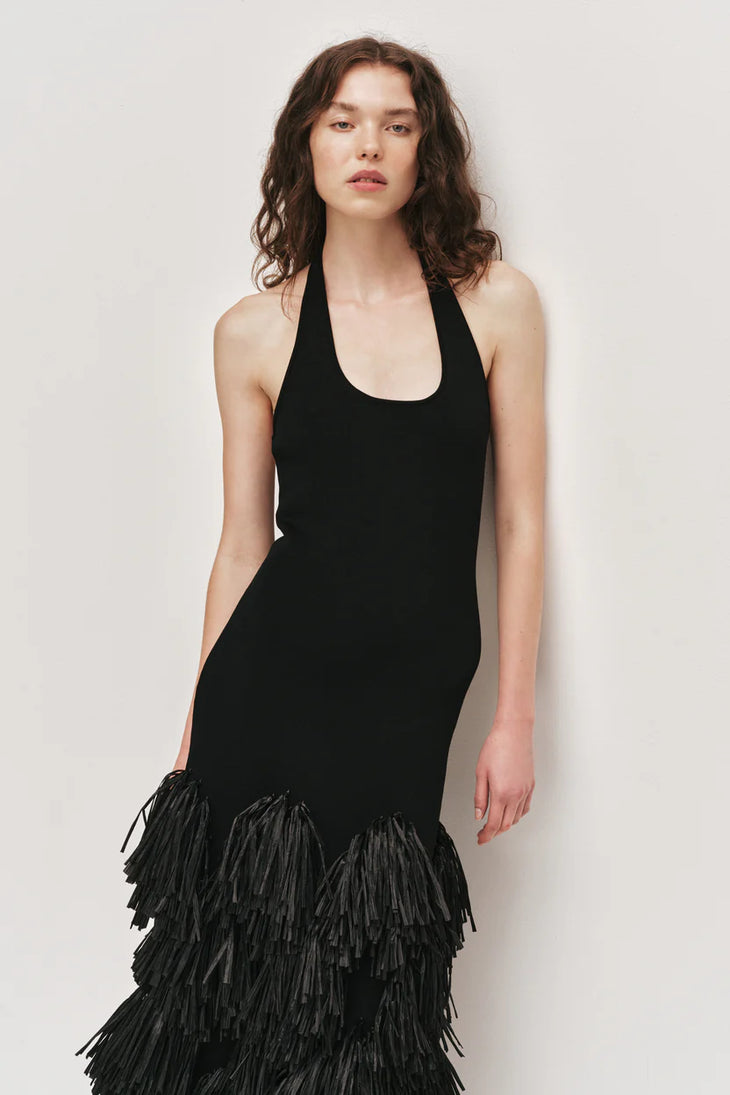 Black halter neck knit dress with tiered raffia fringe skirt — Aje | Endless UAE