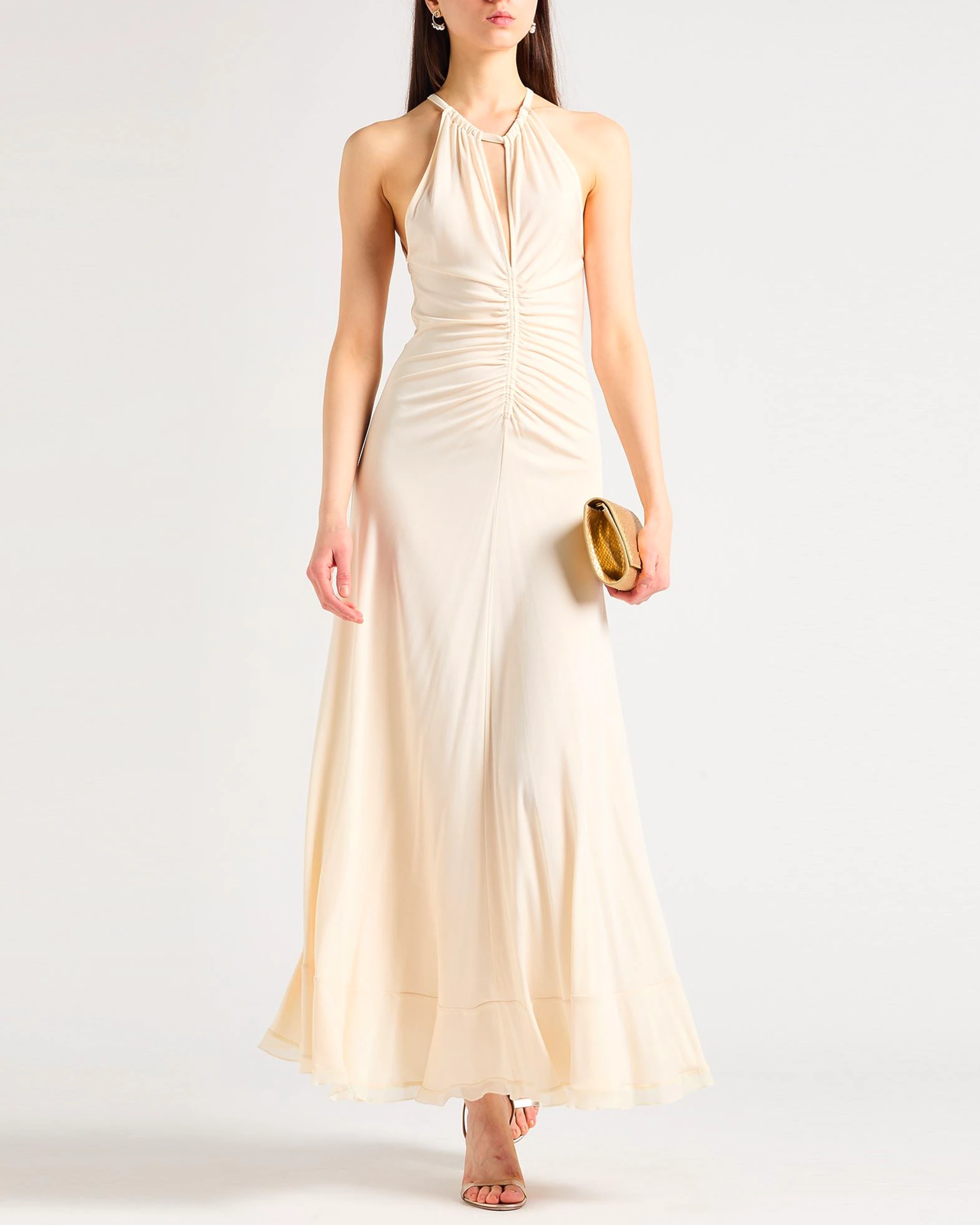 Cream halter neck long fitted dress with ruched details — Twinset | Endless UAE
