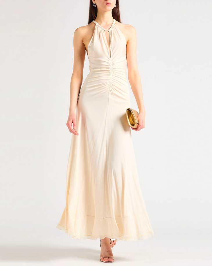 Cream halter neck long fitted dress with ruched details — Twinset | Endless UAE