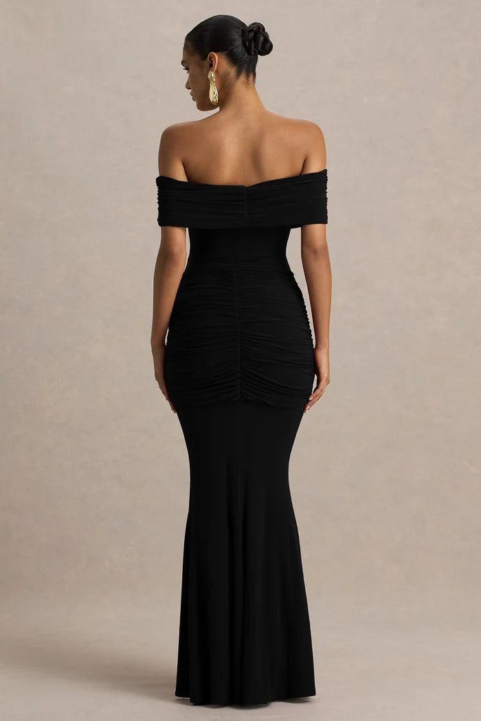 Black off-shoulder ruched maxi dress with bardot neckline — Club L London | Endless UAE
