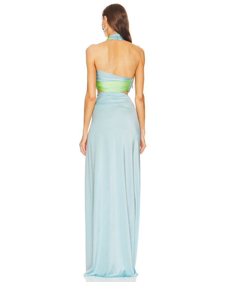 Cleopatra Gown in light blue and neon green with draped halter neckline and high slit — Bronx and banco | Endless UAE