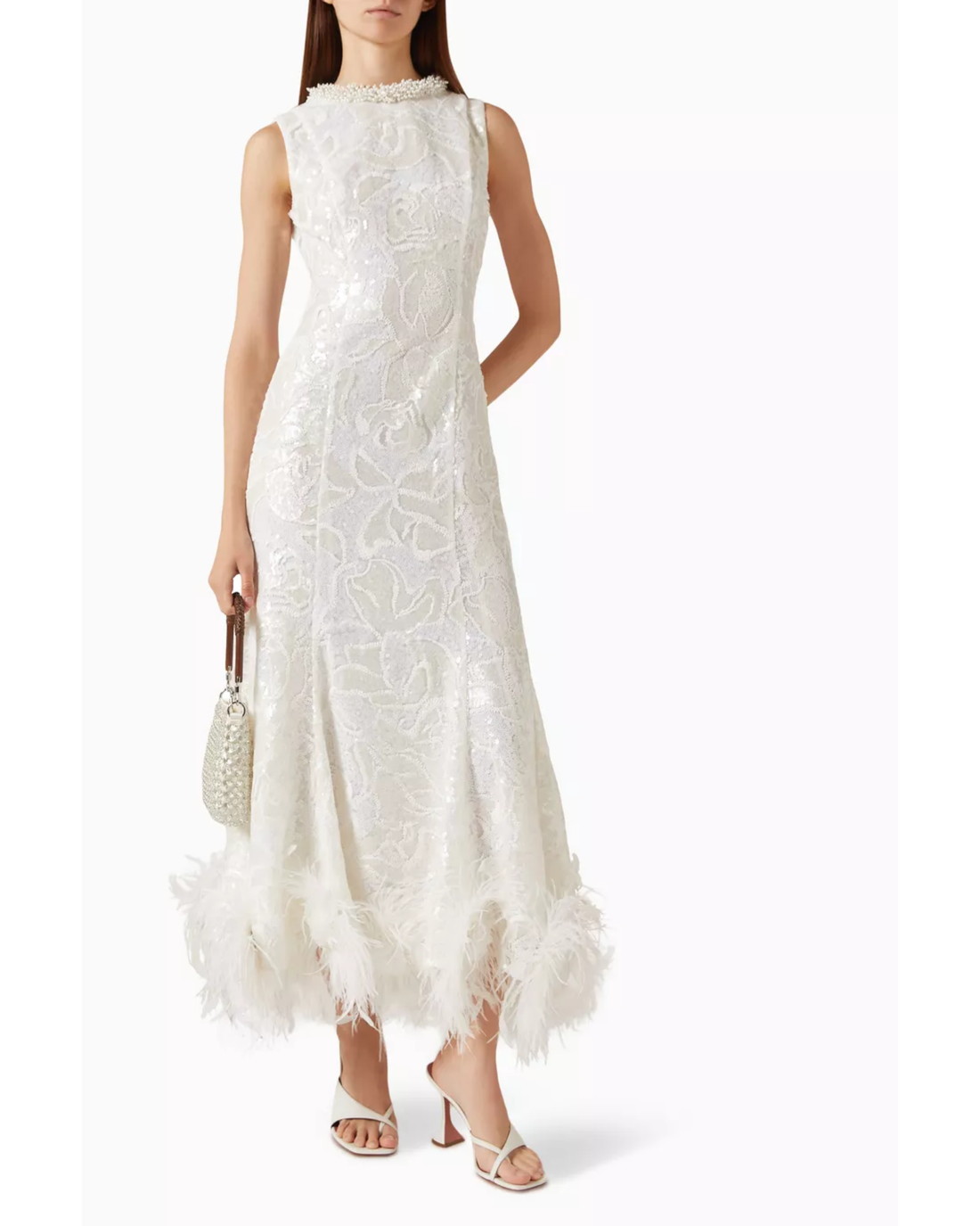 White sequin-embellished sleeveless dress with feather hem detail — Self-Portrait | Endless UAE