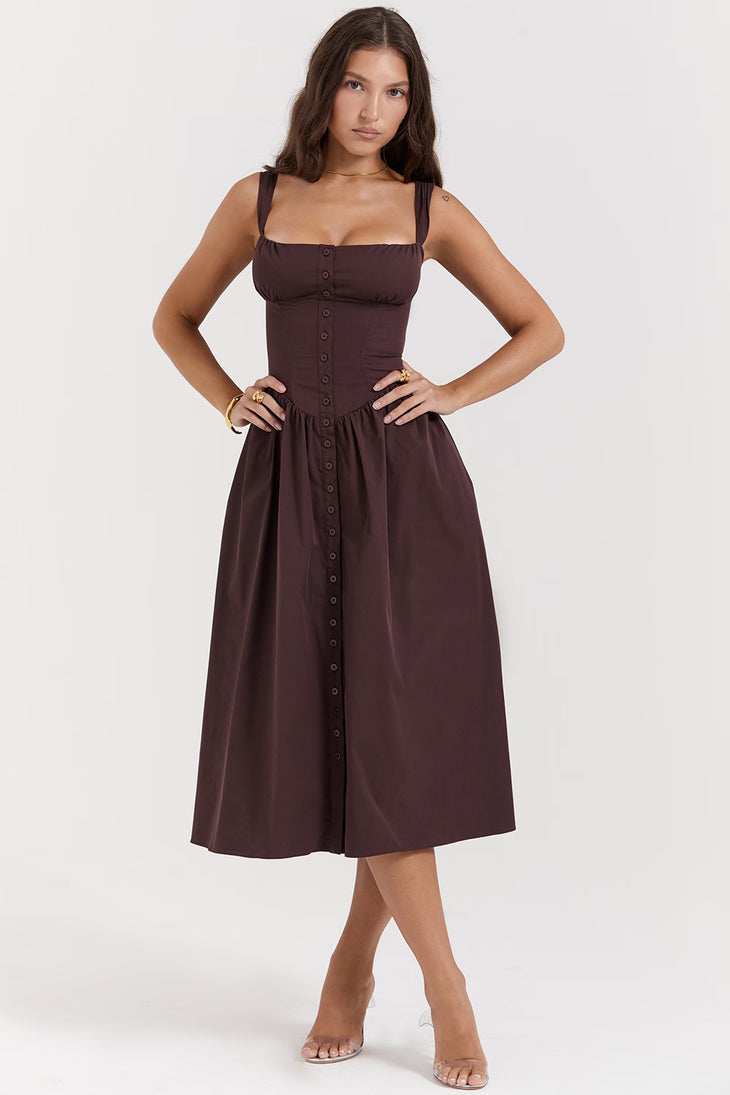Woman wearing chocolate brown button-front midi sundress with square neckline — House of CB | Endless UAE