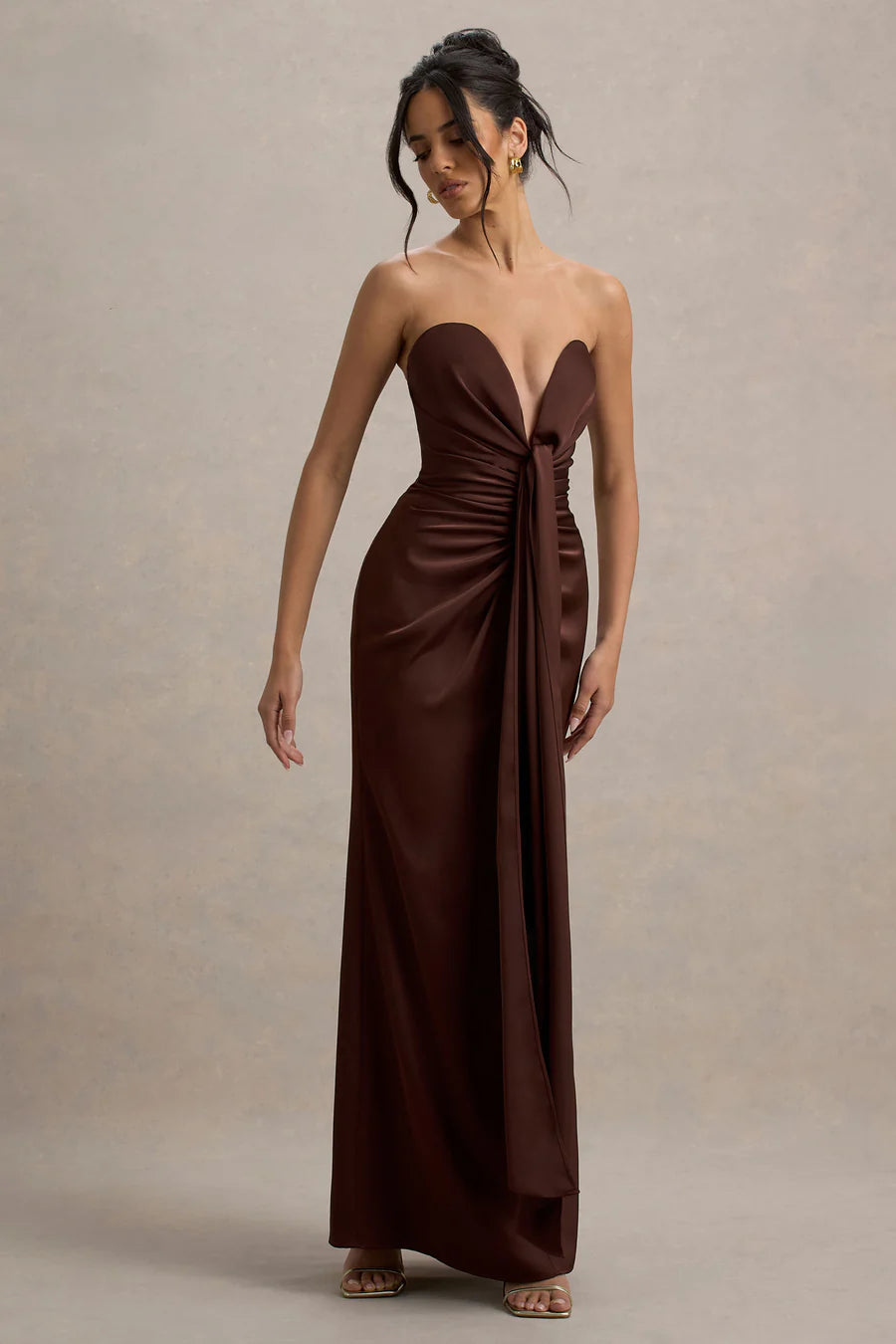 Burgundy satin plunge-neck draped maxi dress with ruched waist detail — Club L London | Endless UAE