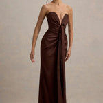 Burgundy satin plunge-neck draped maxi dress with ruched waist detail — Club L London | Endless UAE