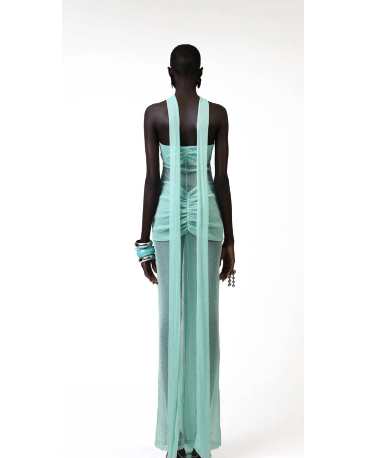Kesca Dress in mint green with halter neckline and draped skirt detail — Khanums | Endless UAE