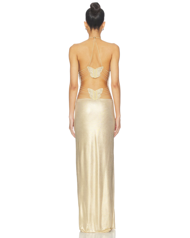 Gold halter maxi dress with butterfly embellishments and open back — I.AM.GIA | Endless UAE