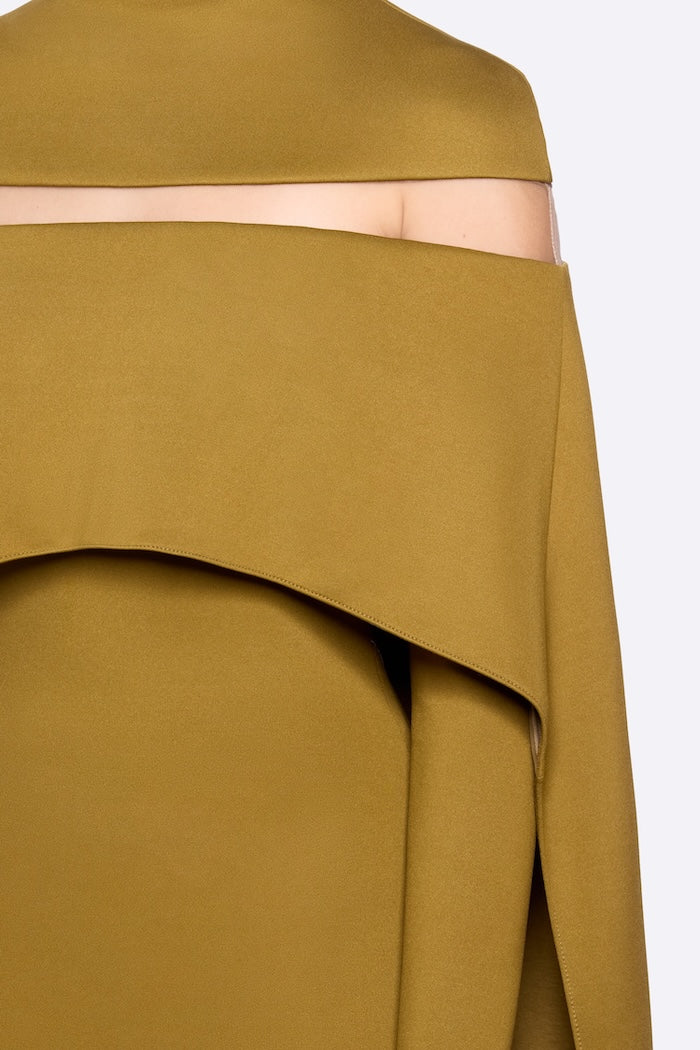 Nehru Dress in golden olive with draped cape overlay and cutout detail — Chats By C.Dam | Endless UAE