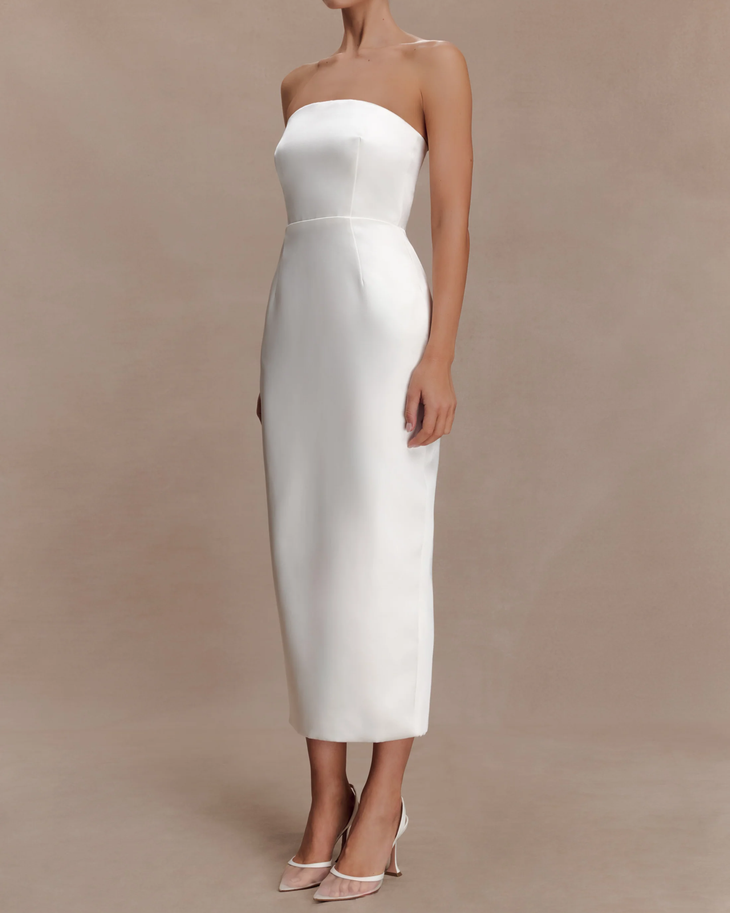 White strapless satin maxi dress with peplum waist detail — Meshki | Endless UAE
