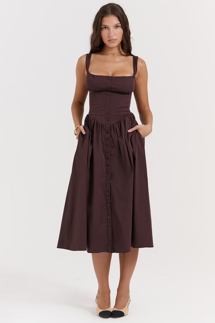 Woman wearing chocolate brown button-front midi sundress with square neckline — House of CB | Endless UAE