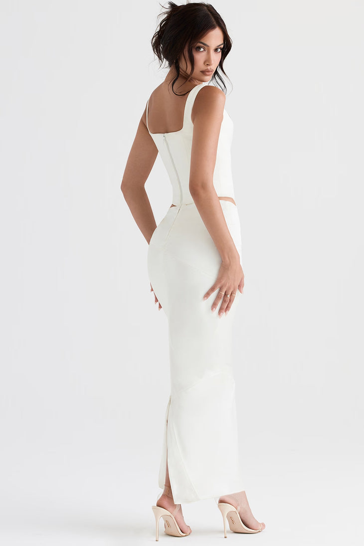 White satin bias cut midi skirt with cutout corset top — House of CB | Endless UAE