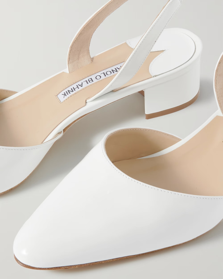 White patent-leather slingback pump with curved toe and low block heel — Manolo Blahnik | Endless UAE