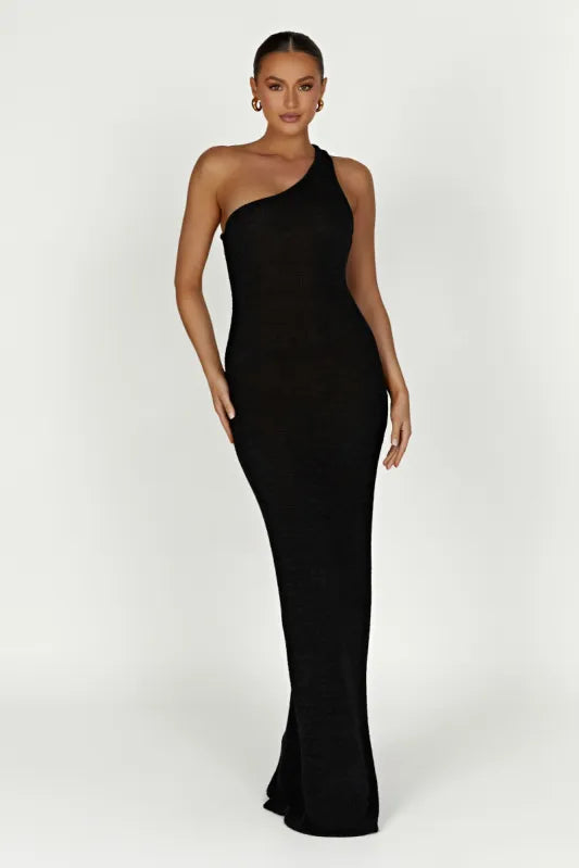 Woman wearing a black one-shoulder knit maxi dress — Meshki | Endless UAE