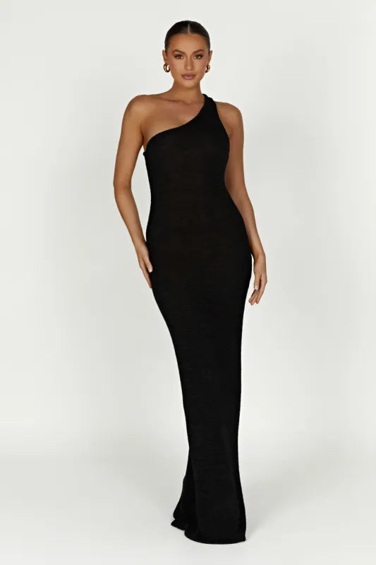 Woman wearing a black one-shoulder knit maxi dress — Meshki | Endless UAE