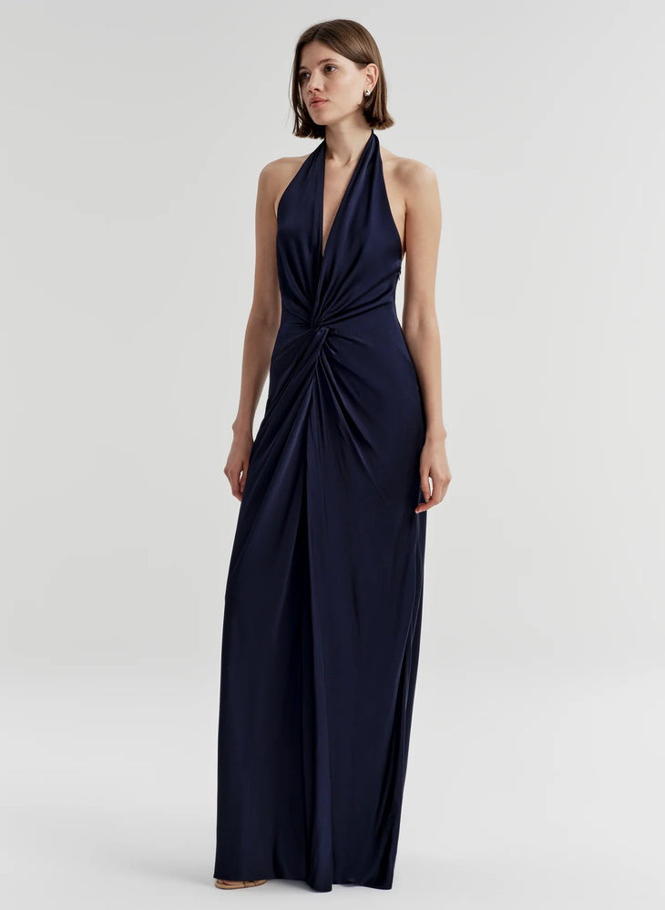 Black halter satin gown with twisted center detail and flowing hem — ALC | Endless UAE