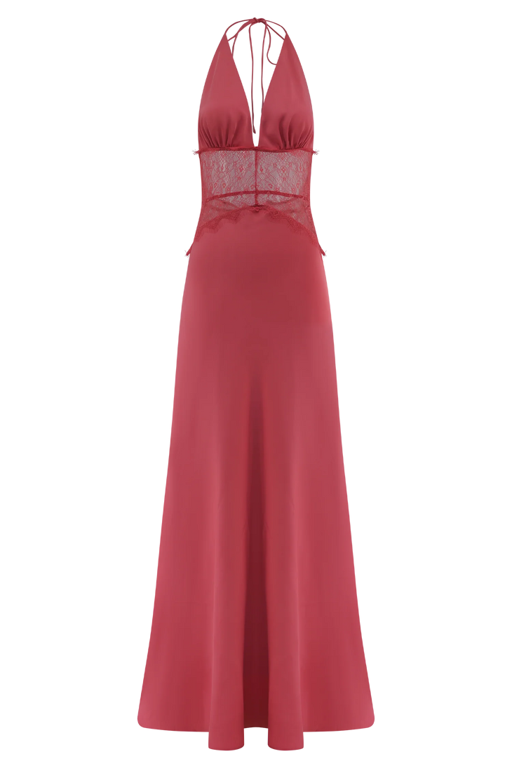 Hot pink halter maxi dress with lace waist detail and deep V-neckline — Meshki | Endless UAE