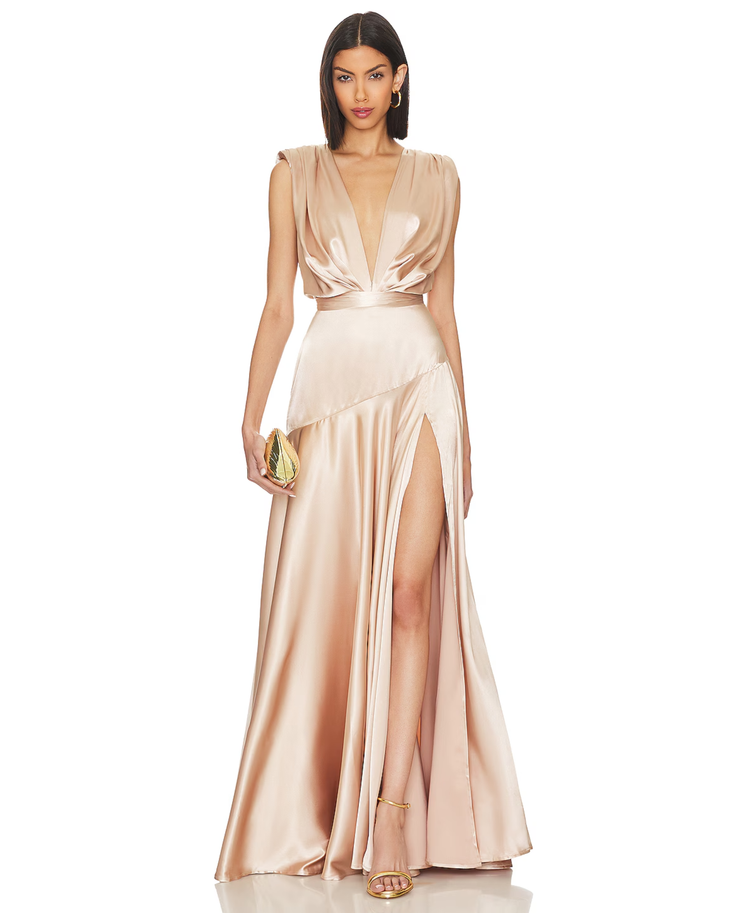 Champagne satin gown with twisted bodice and high slit skirt — Bronx & Banco | Endless UAE
