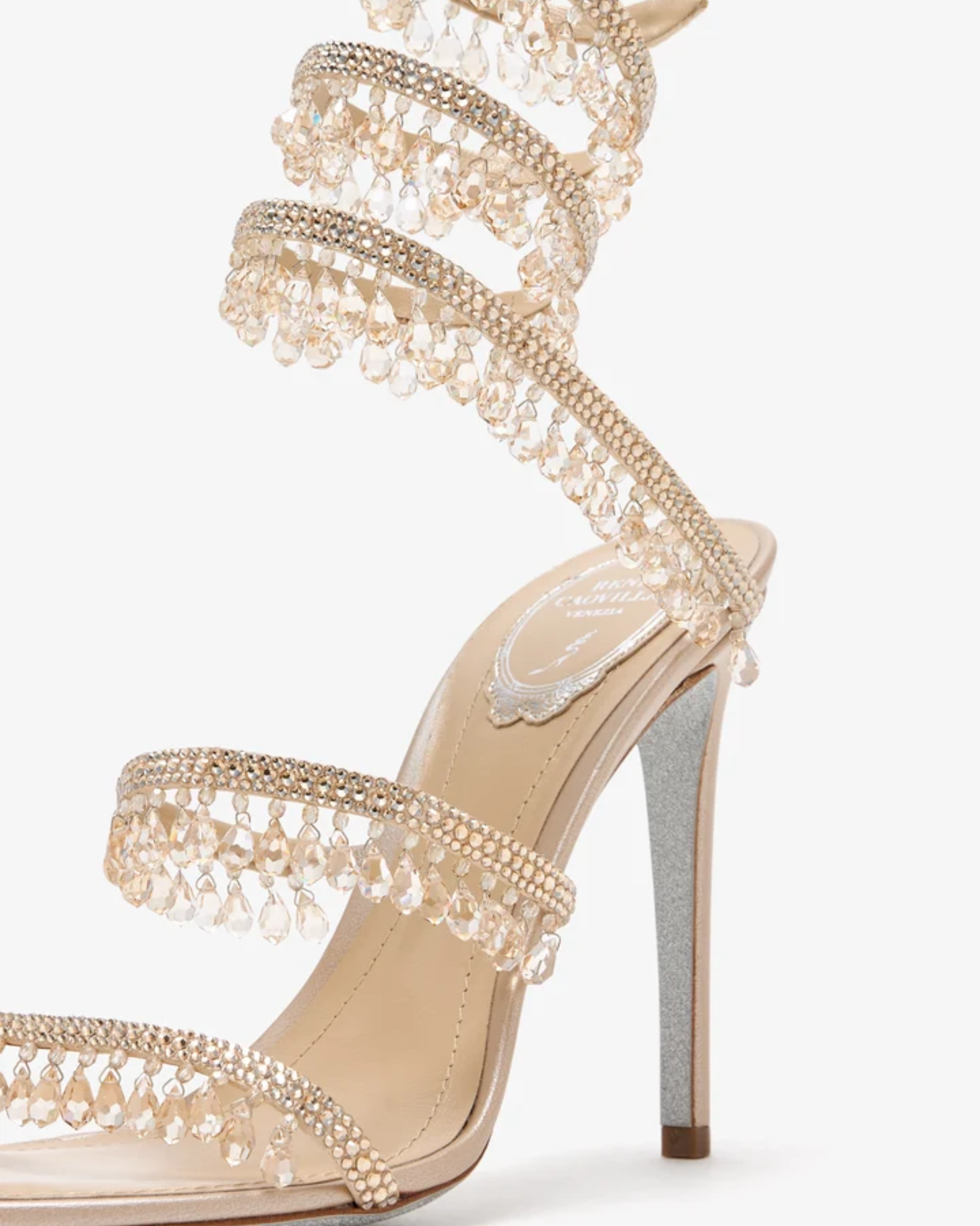 Champagne crystal chandelier heels with pearl-embellished straps and ankle wrap — Rene Caovilla | Endless UAE