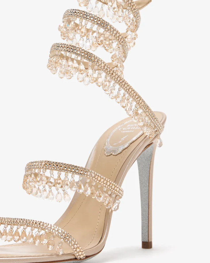Champagne crystal chandelier heels with pearl-embellished straps and ankle wrap — Rene Caovilla | Endless UAE