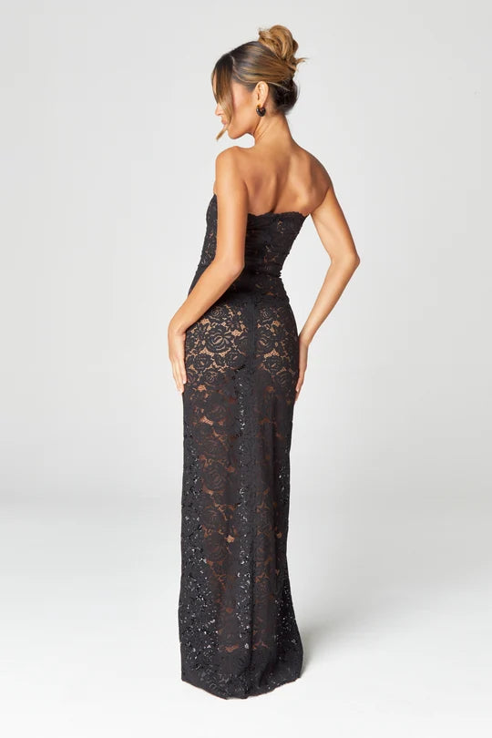 Black strapless lace maxi dress with intricate floral pattern — Hyphen | Endless UAE