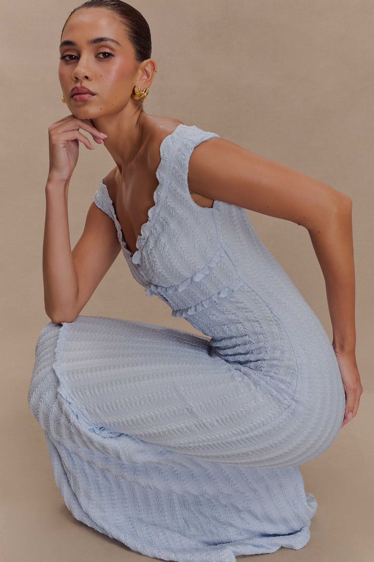 Natalie Off Shoulder Maxi Dress in light blue with ruched texture and cutout detail — Meshki | Endless UAE