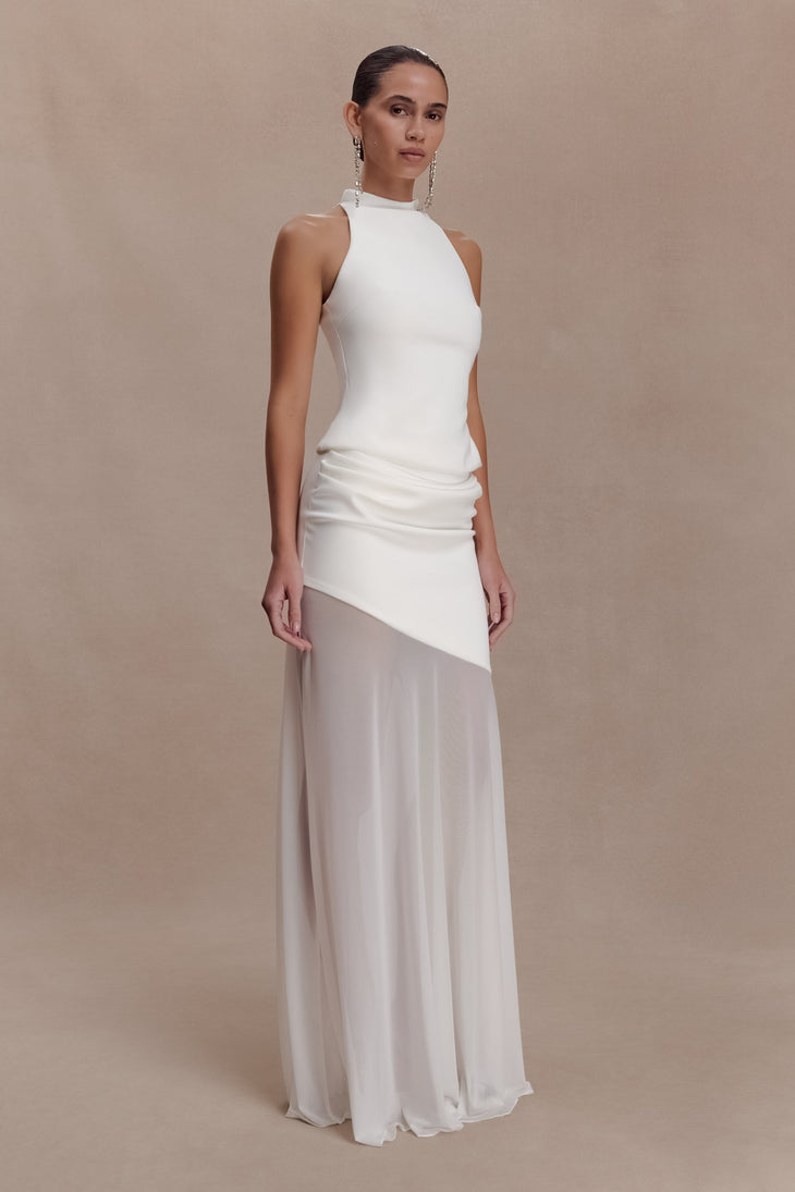 White scuba and mesh maxi skirt with asymmetrical color-block design — Meshki | Endless UAE