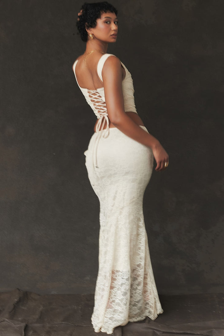 Therese Vintage Co-ord Set in cream featuring draped top and lace skirt — House of CB | Endless UAE