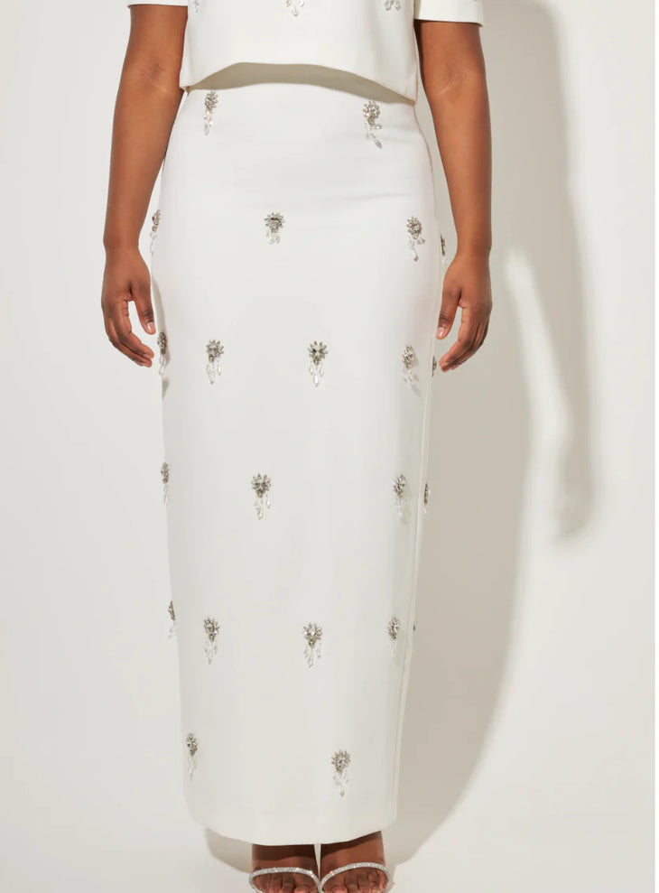 Crystal-embellished white maxi skirt with beige waistband on model — Odd Muse | Endless UAE