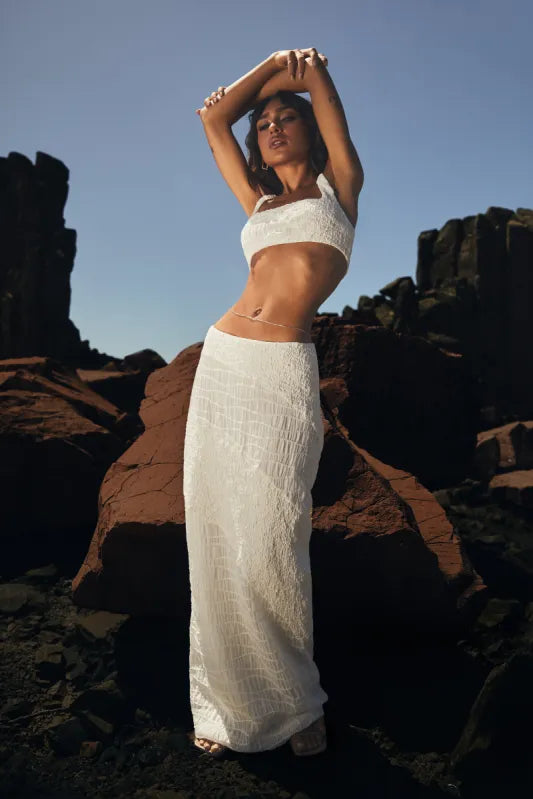 White textured crop top and maxi skirt co-ord set — Meshki | Endless UAE