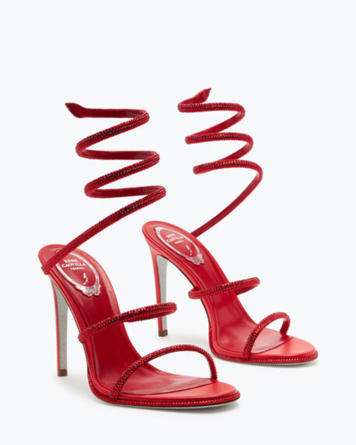 Red strappy sandals with spiral ankle wrap and embellished detailing — Renee Caovilla | Endless UAE