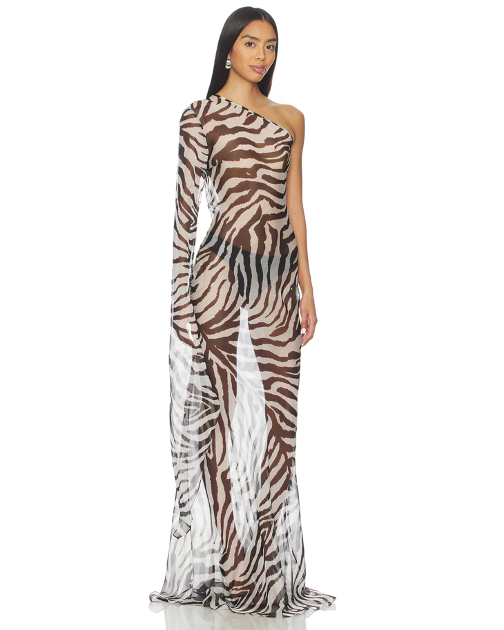 Zebra Print One-Shoulder Maxi Dress in Brown and White — Cha The Label | Endless UAE