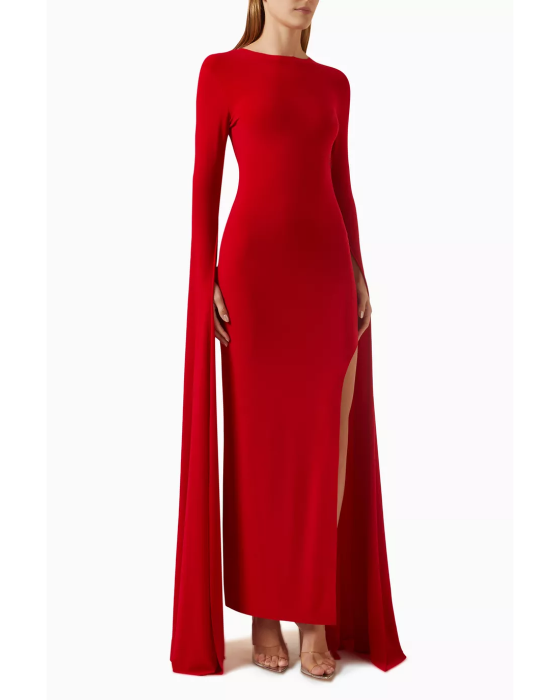 Red ribbon-sleeve gown with high slit and dramatic trailing sleeve — Norma Kamali | Endless UAE